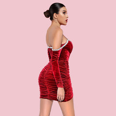 Schulterfreies, langärmliges, faltiges Mini-Bodycon-Kleid HI1286