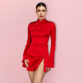 High Neck Long Sleeve Backless Mini Bodycon Dress HI1299
