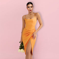 Vestido midi ajustado con volantes, sin mangas y tirantes HI1312