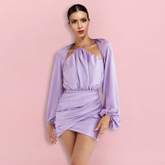 Mini-Bodycon-Kleid mit Rundhalsausschnitt und langen Ärmeln, Faltendesign, HI1323