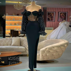 Schulterfreies Langarm-Maxi-Bandage-Kleid aus Netzstoff HL6273