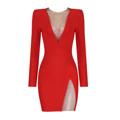 Langärmliges Mini-Bandagekleid mit Strass