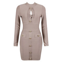 Vestido mini de vendaje con cuello alto, manga larga y aberturas