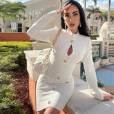 High Neck Long Sleeve Cut Out Mini Bandage Dress