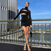 High Neck Long Sleeve Cut Out Mini Bodycon Dress