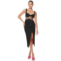 Ärmelloses Midi-Bandagekleid mit Streifen und Trägern