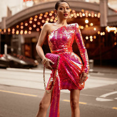 Vestido mini ajustado con lentejuelas, manga larga y un solo hombro HL9015