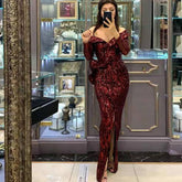 Off Shoulder Long Sleeve Sequined Maxi Bodycon Dress HT2586