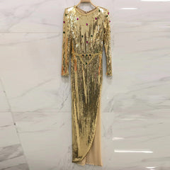 Vestido maxi ajustado con lentejuelas, cuello redondo y manga larga HT2648