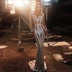 Rundhalsausschnitt, Langarm, Pailletten, Maxi-Bodycon-Kleid HT2688