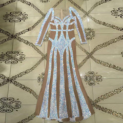 Rundhalsausschnitt, Langarm, Pailletten, Maxi-Bodycon-Kleid HT2688