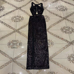 Vestido maxi ajustado con escote redondo, sin mangas y aberturas HT2694