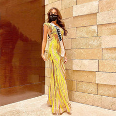 Ärmelloses Maxi-Bodycon-Kleid mit V-Ausschnitt und Pailletten HT2724