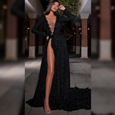 Round Neck Long Sleeve Maxi Sequined Bodycon Dress HT2748