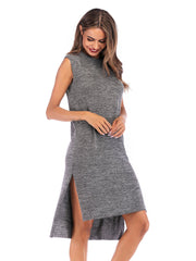 Rundhalsausschnitt Unregelmäßig Ärmellos Geteiltes Kleid in Reiner Farbe