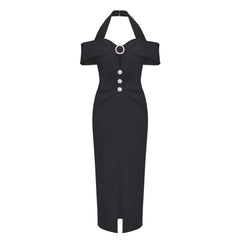 Vestido midi ajustado con cuello halter, manga corta y diamantes de imitación