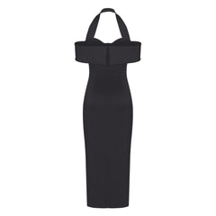 Vestido midi ajustado con cuello halter, manga corta y diamantes de imitación