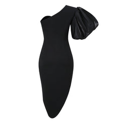 One-Shoulder-Kurzarm-Midi-Puffärmel-Bodycon-Kleid KLYF501