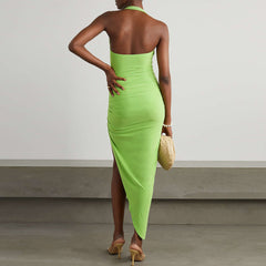 Neckholder-Ärmelloses Maxi-Bodycon-Kleid mit Falten KLYF525