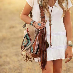 Women Retro Tassel Felt Geometric Print Ethnic Handbag