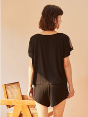 Contrast Lace Satin Cami Top & Shorts PJ Set