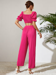 Women's Solid Color Short Sleeve Trousers Two Piece Set