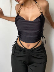 Neckholder-Tanktop aus Satin mit Schnürung und Gliederkette