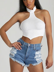 Neckholder-Retro-Oberteil in Volltonfarbe mit unregelmäßigem Muster