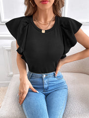 Jersey de manga corta con volantes y cuello redondo de color liso