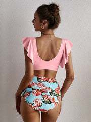 Conjuntos de bikini florales de cintura alta con volantes y cuello en V