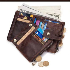 Cartera de cuero para hombre con doble cremallera y multifunción de piel de vaca encerada con RFID antirrobo