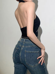 Solid Color Slim Fit Fashion Label Backless Halter Tank Top