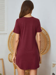 V Collar Short Sleeve Solid Color Home Dress