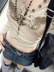 Camiseta vintage de manga larga con cuello en V