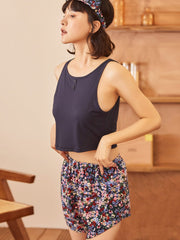 Ribbed Knit Button Front Lettuce Trim Tank Top & Shorts PJ Set