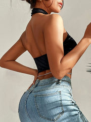 Einfarbiges Neckholder-Tanktop aus Samt mit Kettenmuster in Schwarz