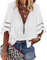 V-Neck Zip Shirt Half-Flare Sleeve Mesh Panel Loose Casual Shirt