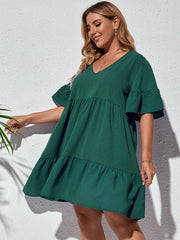 Vestido elegante con escote en V, manga larga, plisado y costuras