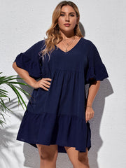 Vestido elegante con escote en V, manga larga, plisado y costuras