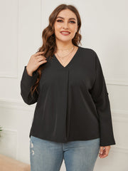 Loose V-Neck Solid Color Long-Sleeved Shirt