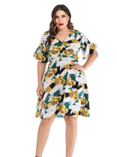 V-Neck Ruffle Print Panel Dress