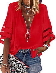 V-Neck Zip Shirt Half-Flare Sleeve Mesh Panel Loose Casual Shirt