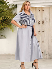 Gestreiftes Hemdkleid mit kurzen Ärmeln und Schnürung am Revers