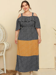 Vestido floral holgado con volantes y contraste de colores