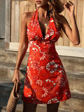 Low Cut V-Neck Printed High Waist Red Skirt