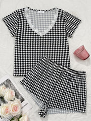 Conjunto de pijama con estampado de rombos y panel de encaje