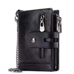 Cartera de cuero para hombre con doble cremallera y multifunción de piel de vaca encerada con RFID antirrobo