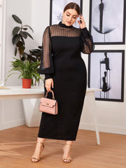 Mesh Stitching Half-high Collar See-through Bag Hip Long Dress