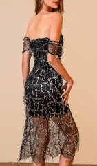 XAVIERA – Schulterfreies Midikleid mit Pailletten