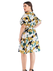 V-Neck Ruffle Print Panel Dress
